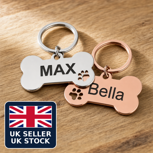 Personalised Bone Dog Tag Engraved Pet ID Steel 4 Fonts 4 Colours 50mm