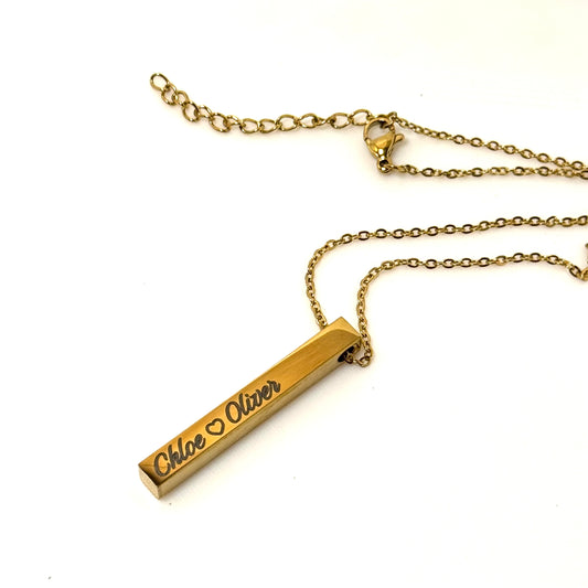 Custom Engraved - 18K Gold Plated Necklace - Vertical Bar