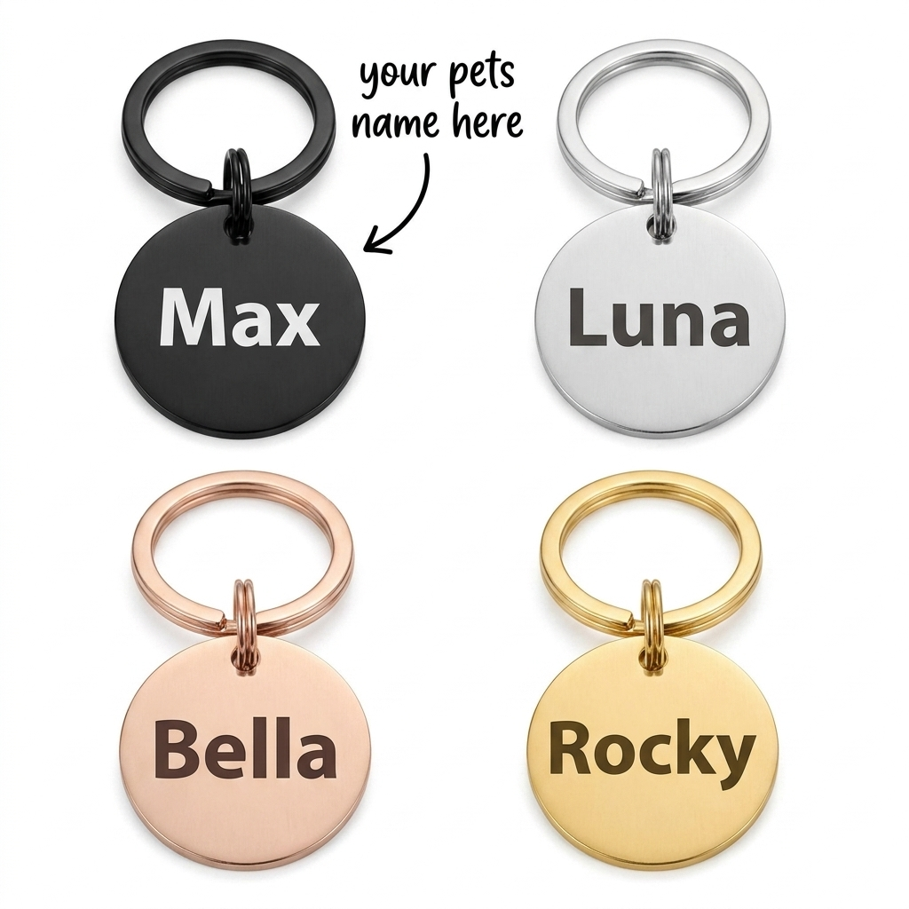 Personalised Round Dog Tag Engraved Pet ID Stainless Steel 30mm 4 Colours