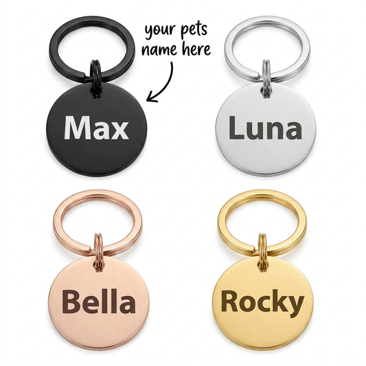 Personalised Round Dog Tag Engraved Pet ID Stainless Steel 30mm 4 Colours