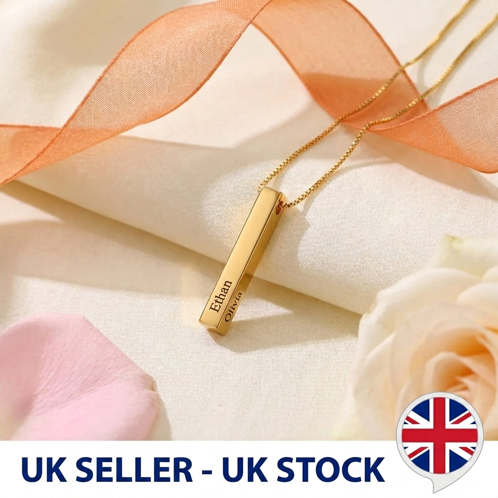 Personalised Vertical Bar Necklace 18k Gold Plated Stainless Steel Engraved UK