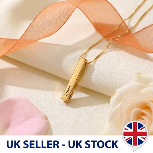 Personalised Vertical Bar Necklace 18k Gold Plated Stainless Steel Engraved UK