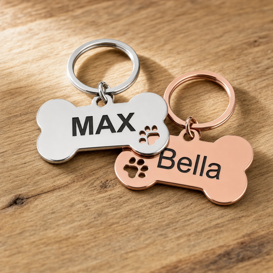 Personalised Bone Dog Tag Engraved Pet ID Steel 4 Fonts 4 Colours 50mm