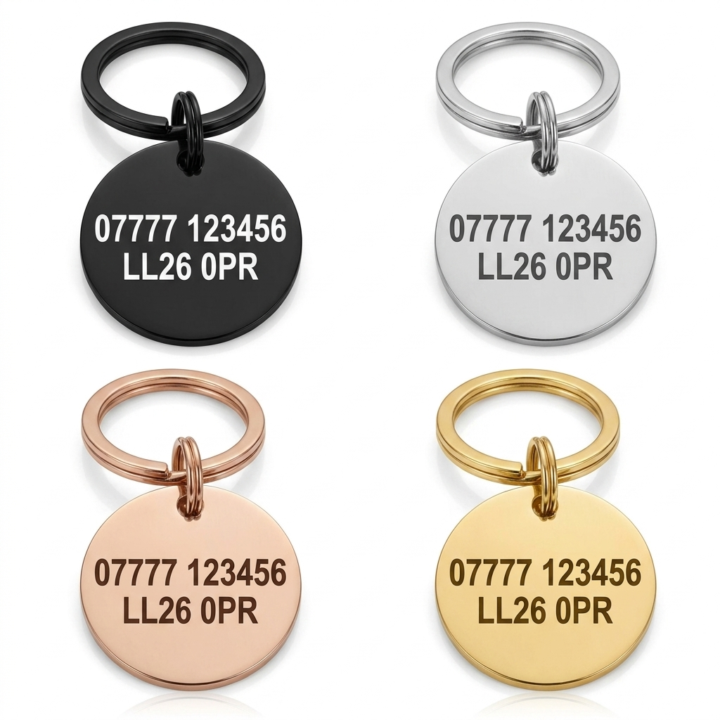 Personalised Round Dog Tag Engraved Pet ID Stainless Steel 30mm 4 Colours