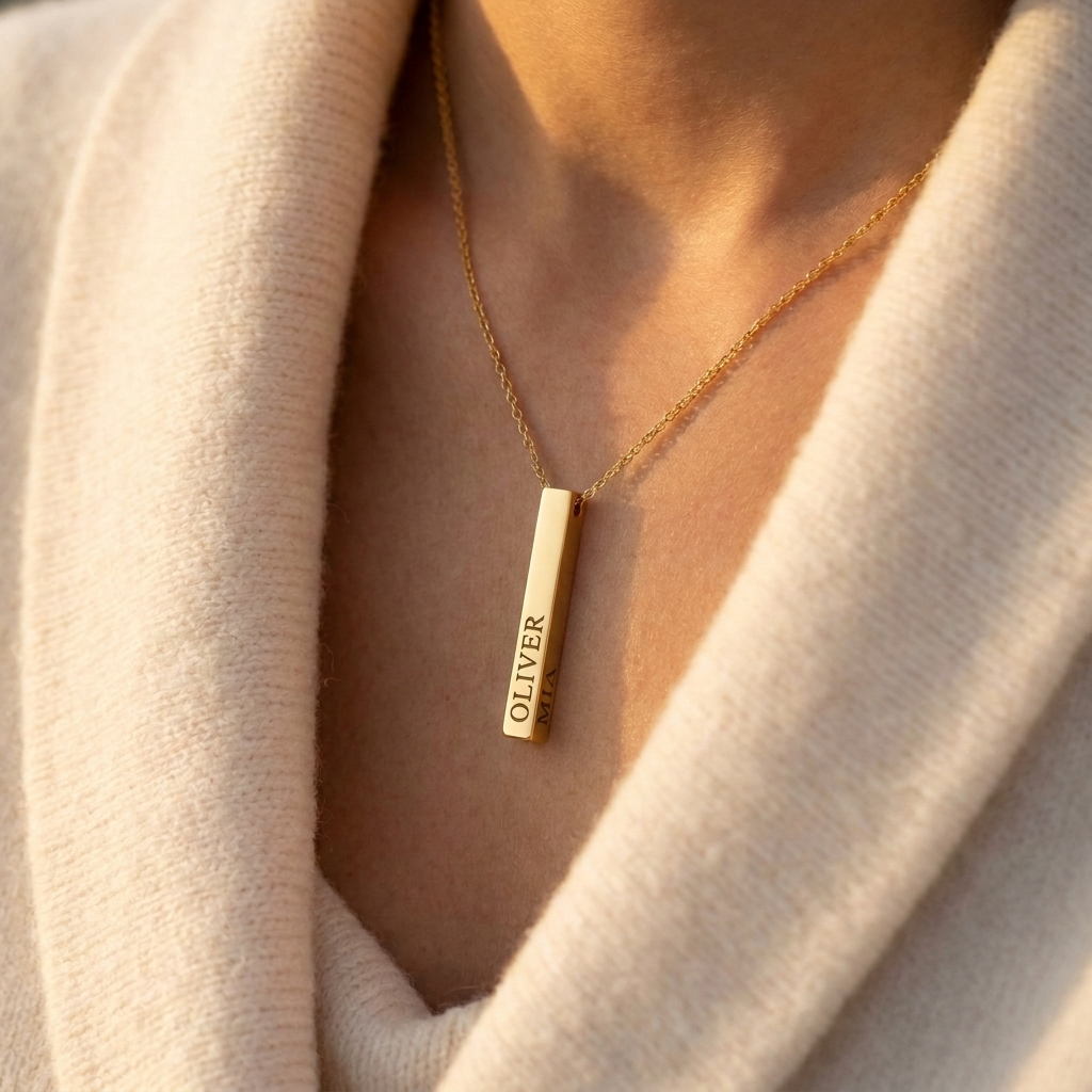 Personalised Vertical Bar Necklace 18k Gold Plated Stainless Steel Engraved UK