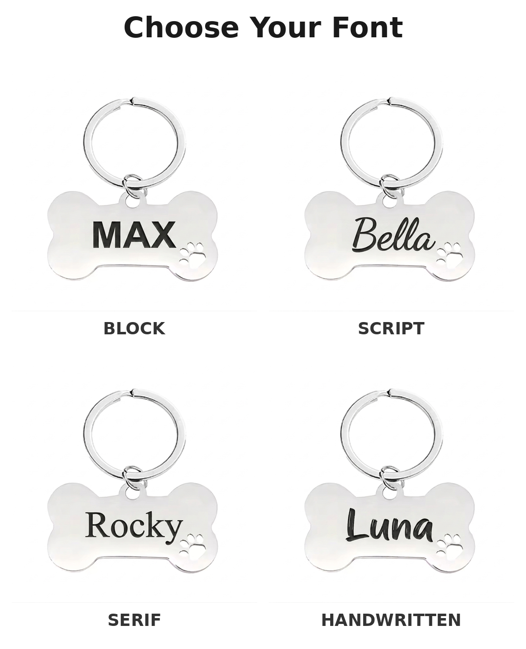 Personalised Bone Dog Tag Engraved Pet ID Steel 4 Fonts 4 Colours 50mm