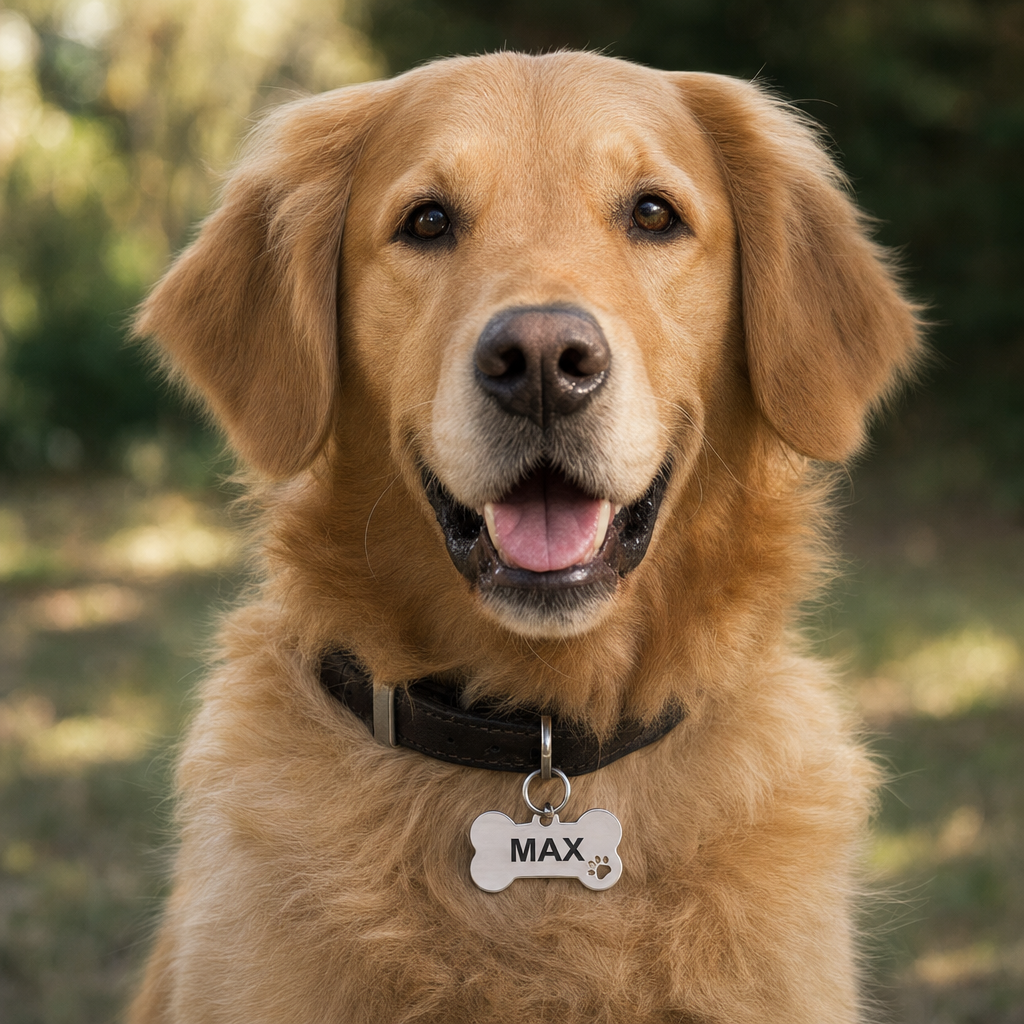 Personalised Bone Dog Tag Engraved Pet ID Steel 4 Fonts 4 Colours 50mm