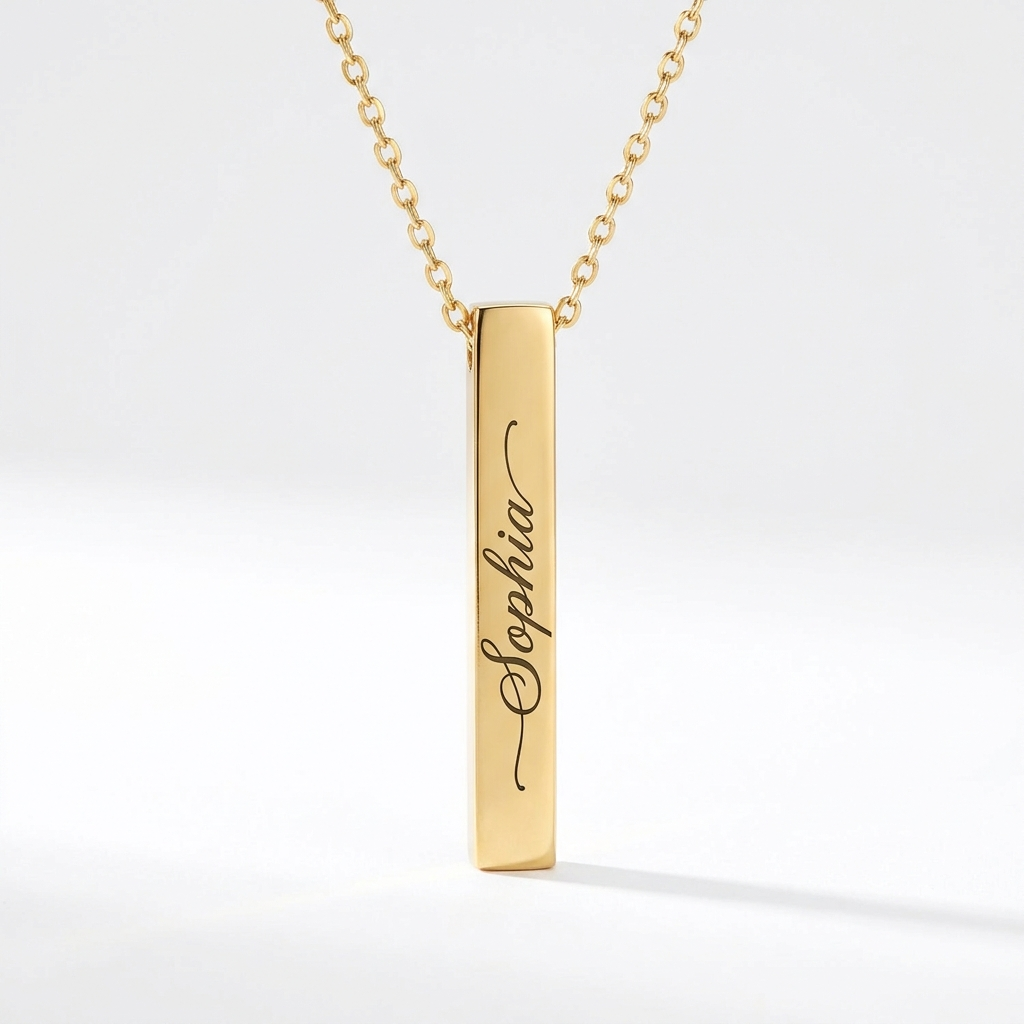 Personalised Vertical Bar Necklace 18k Gold Plated Stainless Steel Engraved UK