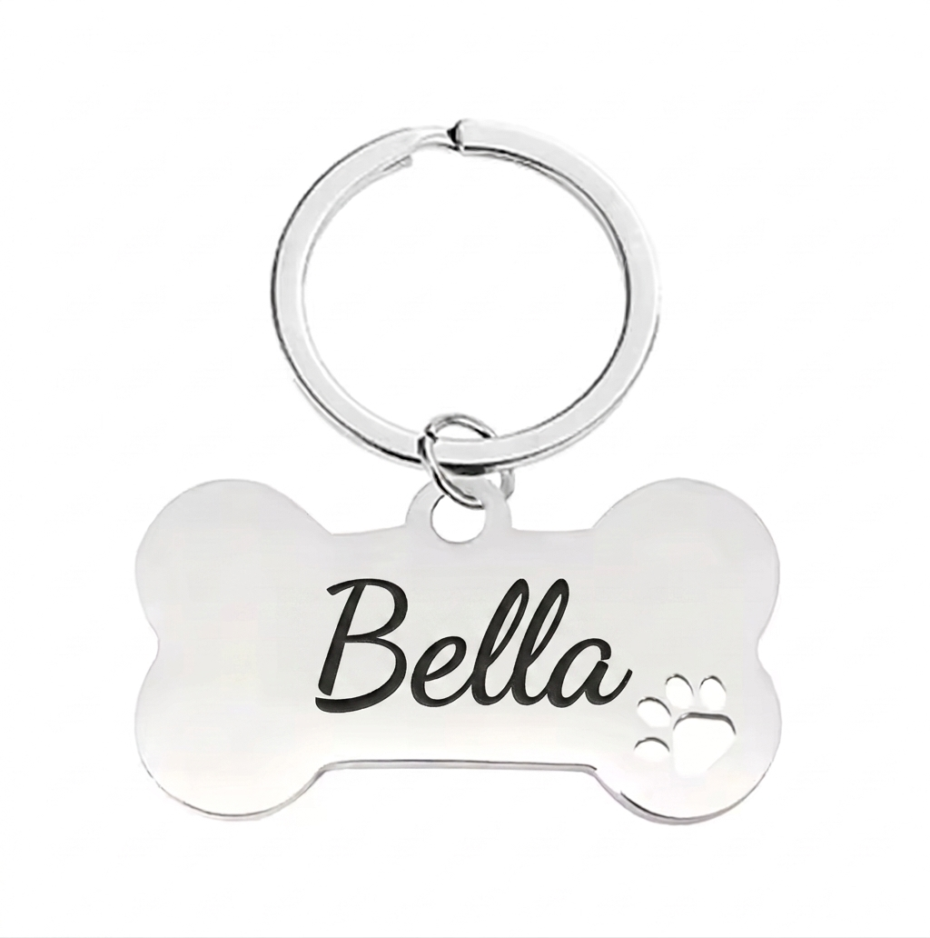 Personalised Bone Dog Tag Engraved Pet ID Steel 4 Fonts 4 Colours 50mm
