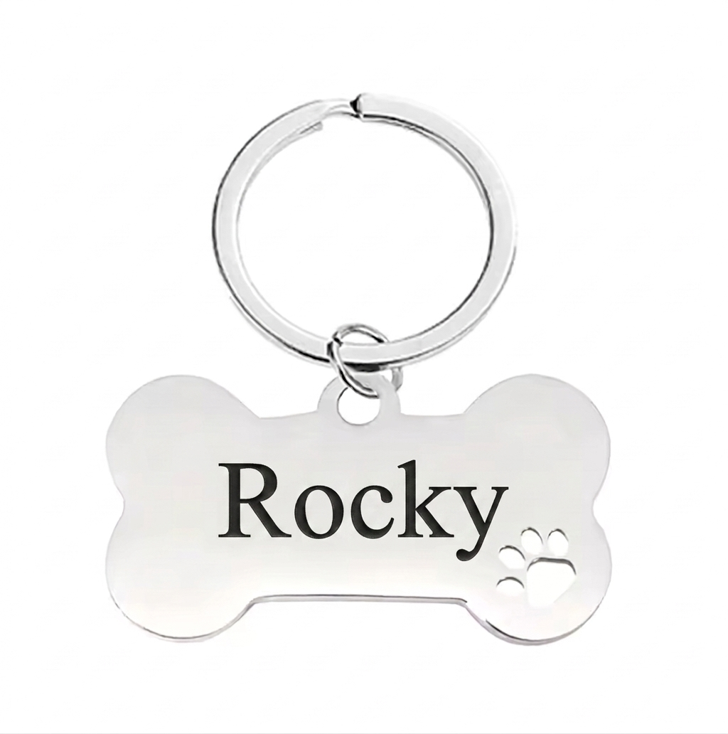 Personalised Bone Dog Tag Engraved Pet ID Steel 4 Fonts 4 Colours 50mm