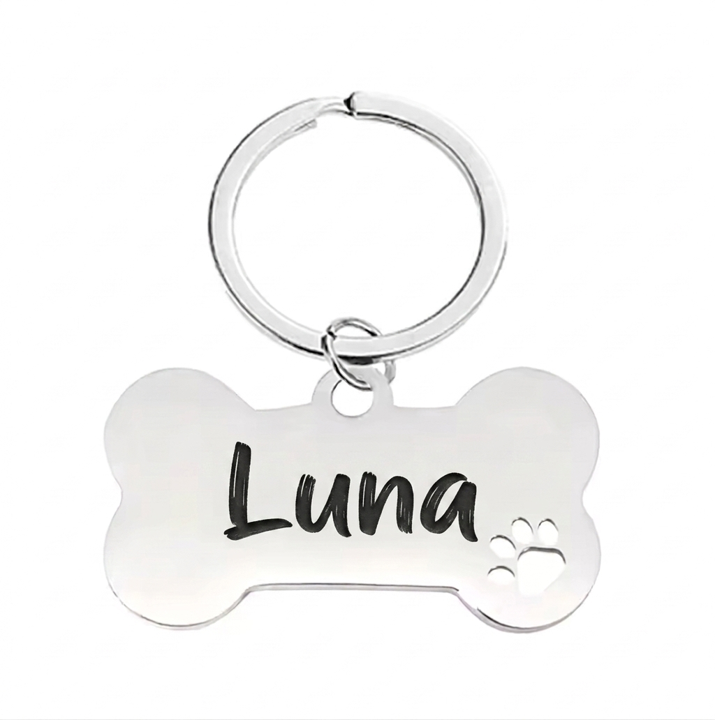 Personalised Bone Dog Tag Engraved Pet ID Steel 4 Fonts 4 Colours 50mm
