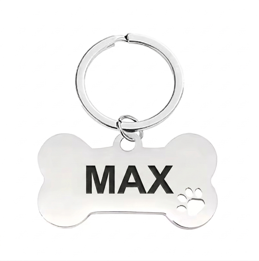Personalised Bone Dog Tag Engraved Pet ID Steel 4 Fonts 4 Colours 50mm