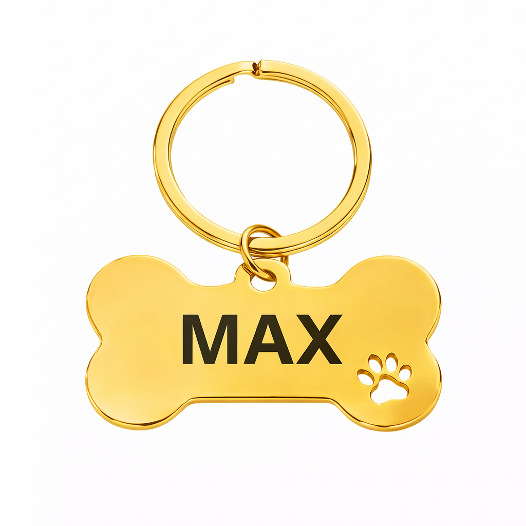 Personalised Bone Dog Tag Engraved Pet ID Steel 4 Fonts 4 Colours 50mm