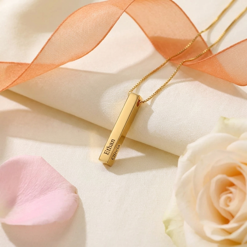 Personalised Vertical Bar Necklace 18k Gold Plated Stainless Steel Engraved UK