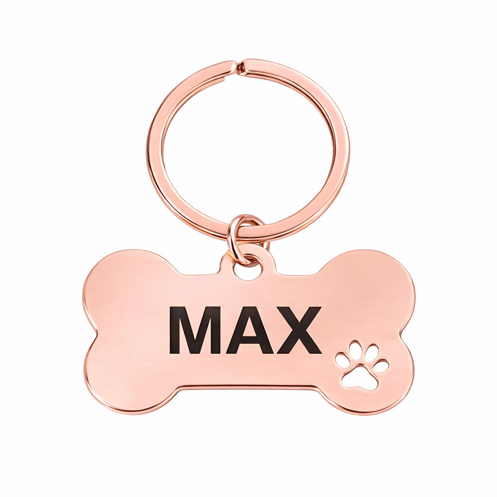 Personalised Bone Dog Tag Engraved Pet ID Steel 4 Fonts 4 Colours 50mm