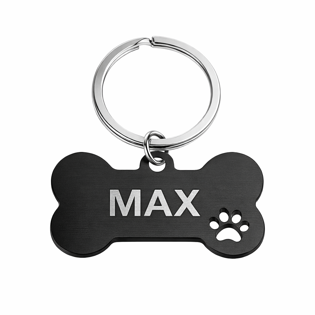 Personalised Bone Dog Tag Engraved Pet ID Steel 4 Fonts 4 Colours 50mm