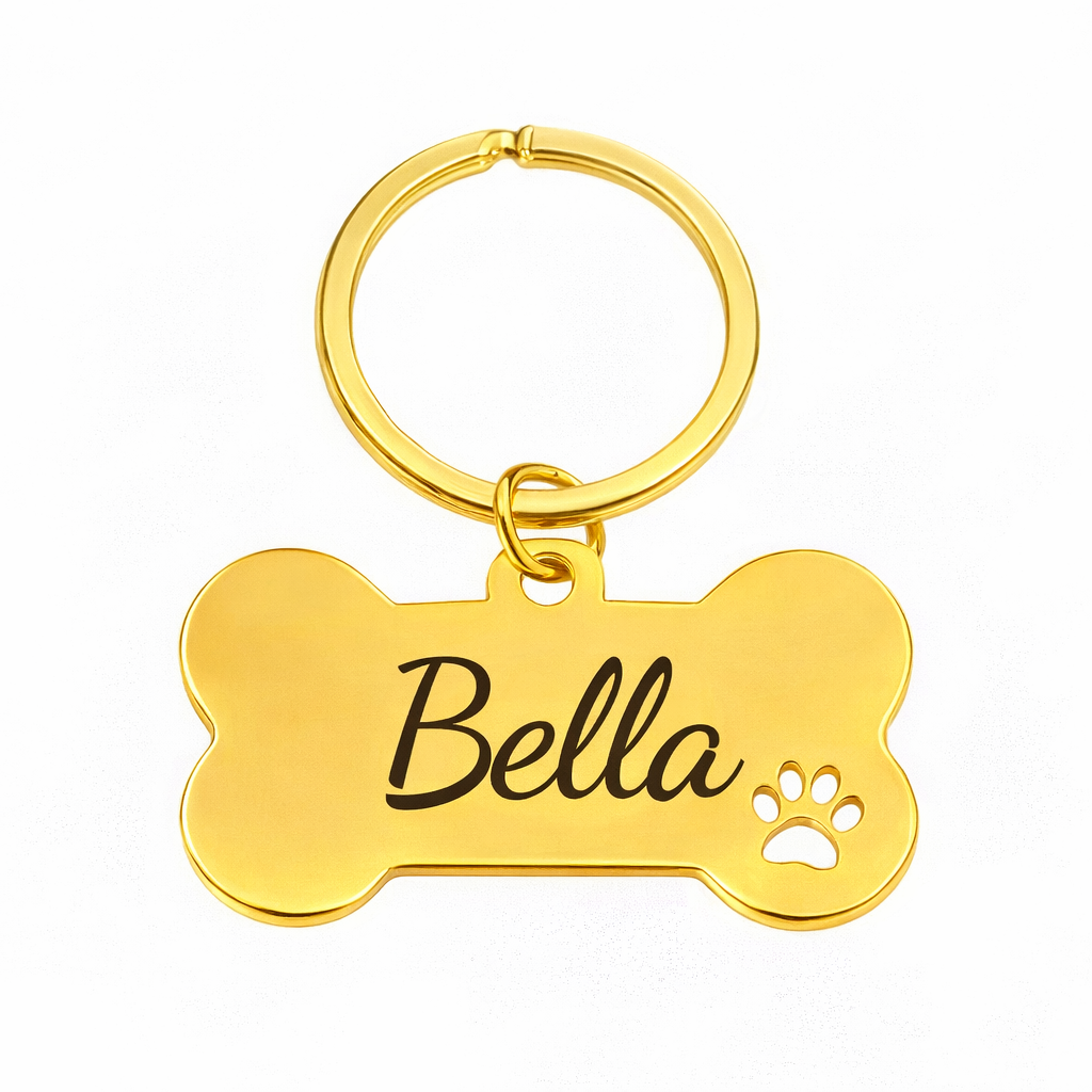 Personalised Bone Dog Tag Engraved Pet ID Steel 4 Fonts 4 Colours 50mm