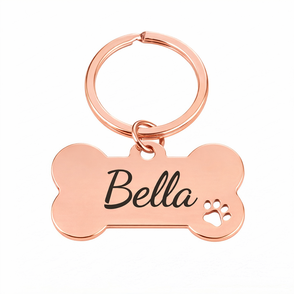 Personalised Bone Dog Tag Engraved Pet ID Steel 4 Fonts 4 Colours 50mm