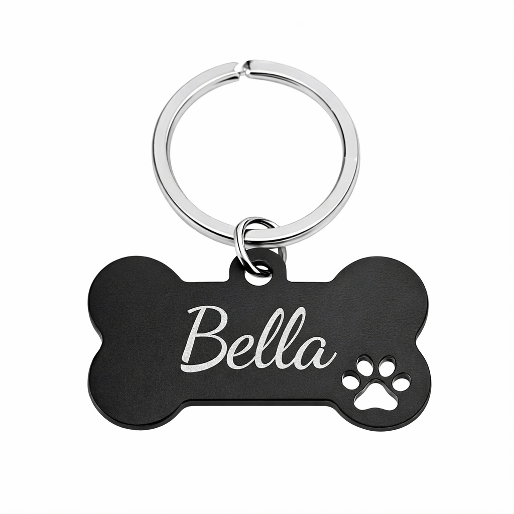 Personalised Bone Dog Tag Engraved Pet ID Steel 4 Fonts 4 Colours 50mm