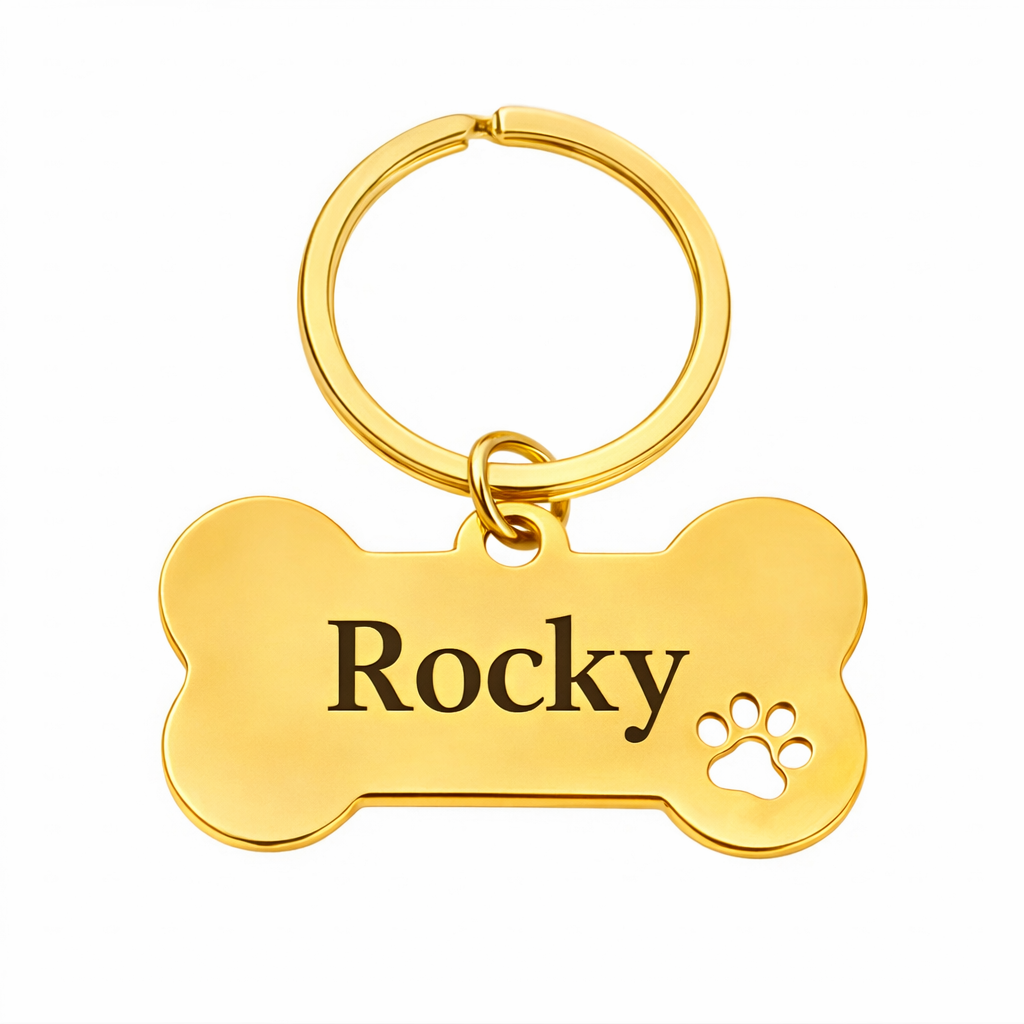 Personalised Bone Dog Tag Engraved Pet ID Steel 4 Fonts 4 Colours 50mm