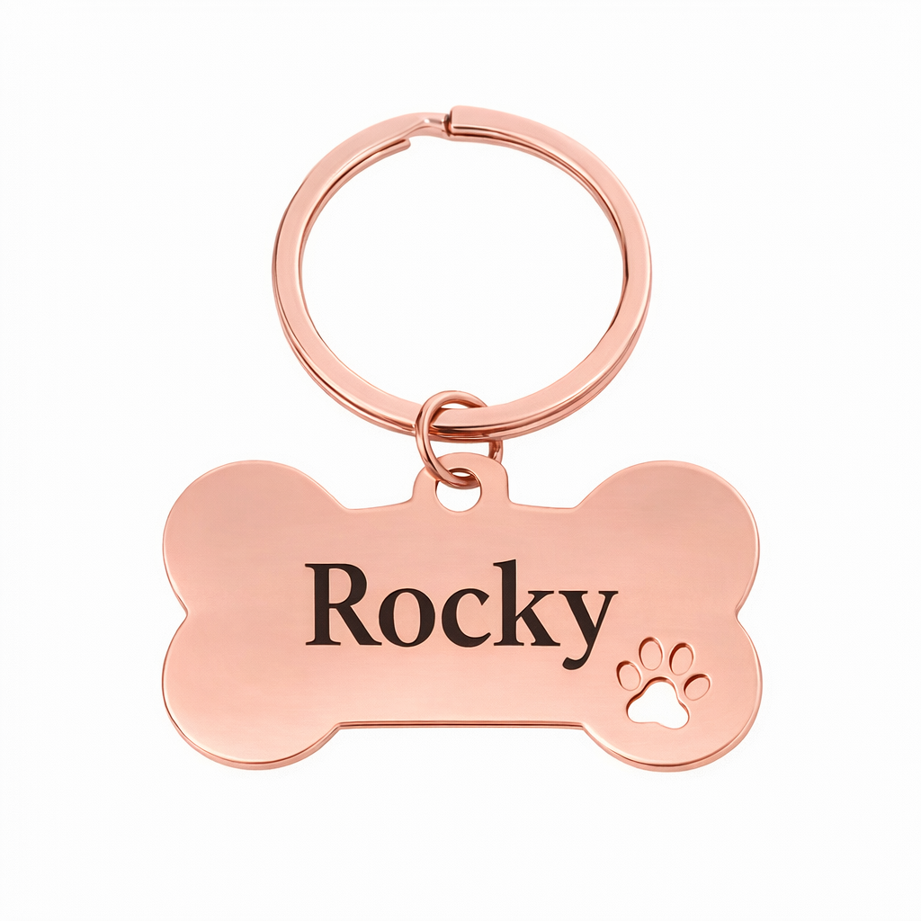 Personalised Bone Dog Tag Engraved Pet ID Steel 4 Fonts 4 Colours 50mm