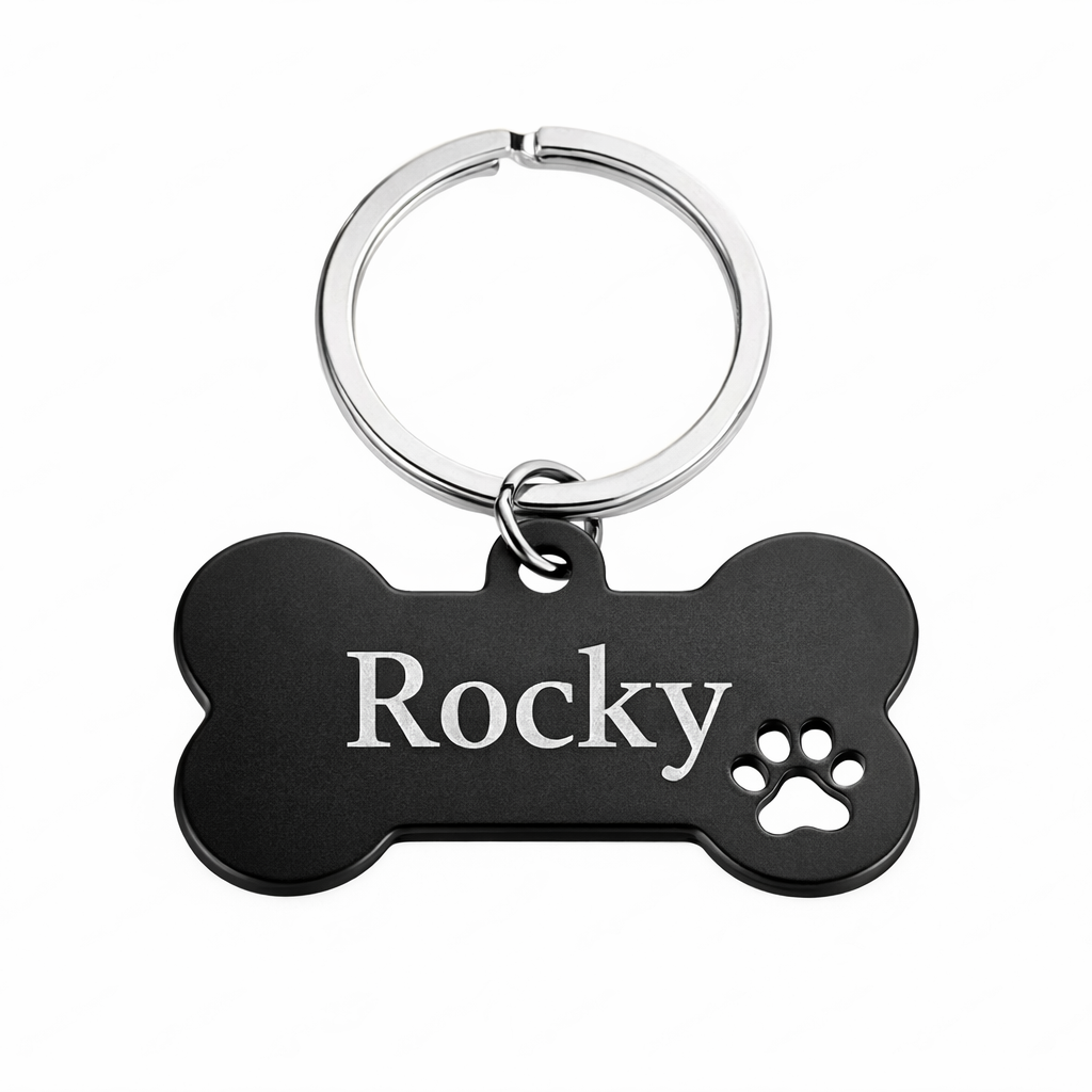 Personalised Bone Dog Tag Engraved Pet ID Steel 4 Fonts 4 Colours 50mm