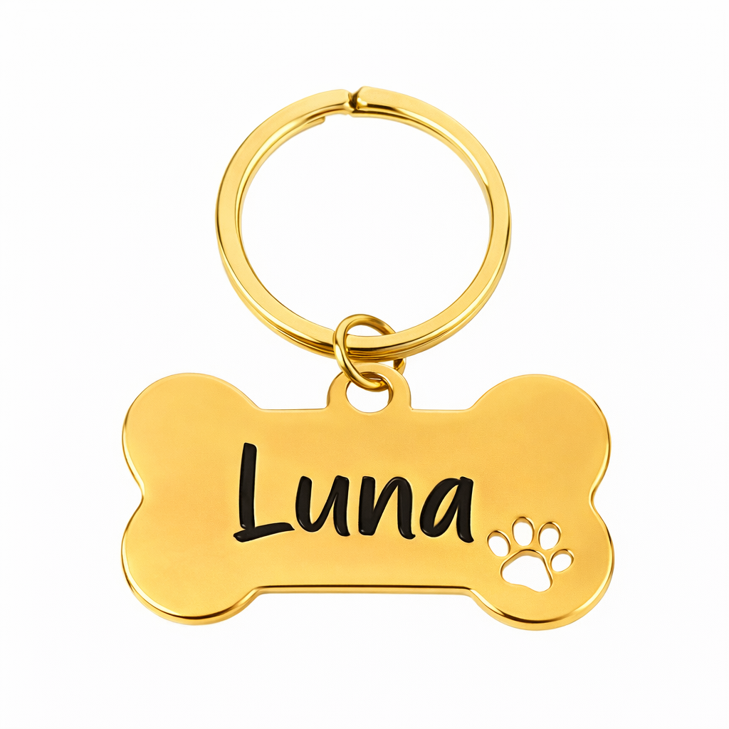 Personalised Bone Dog Tag Engraved Pet ID Steel 4 Fonts 4 Colours 50mm
