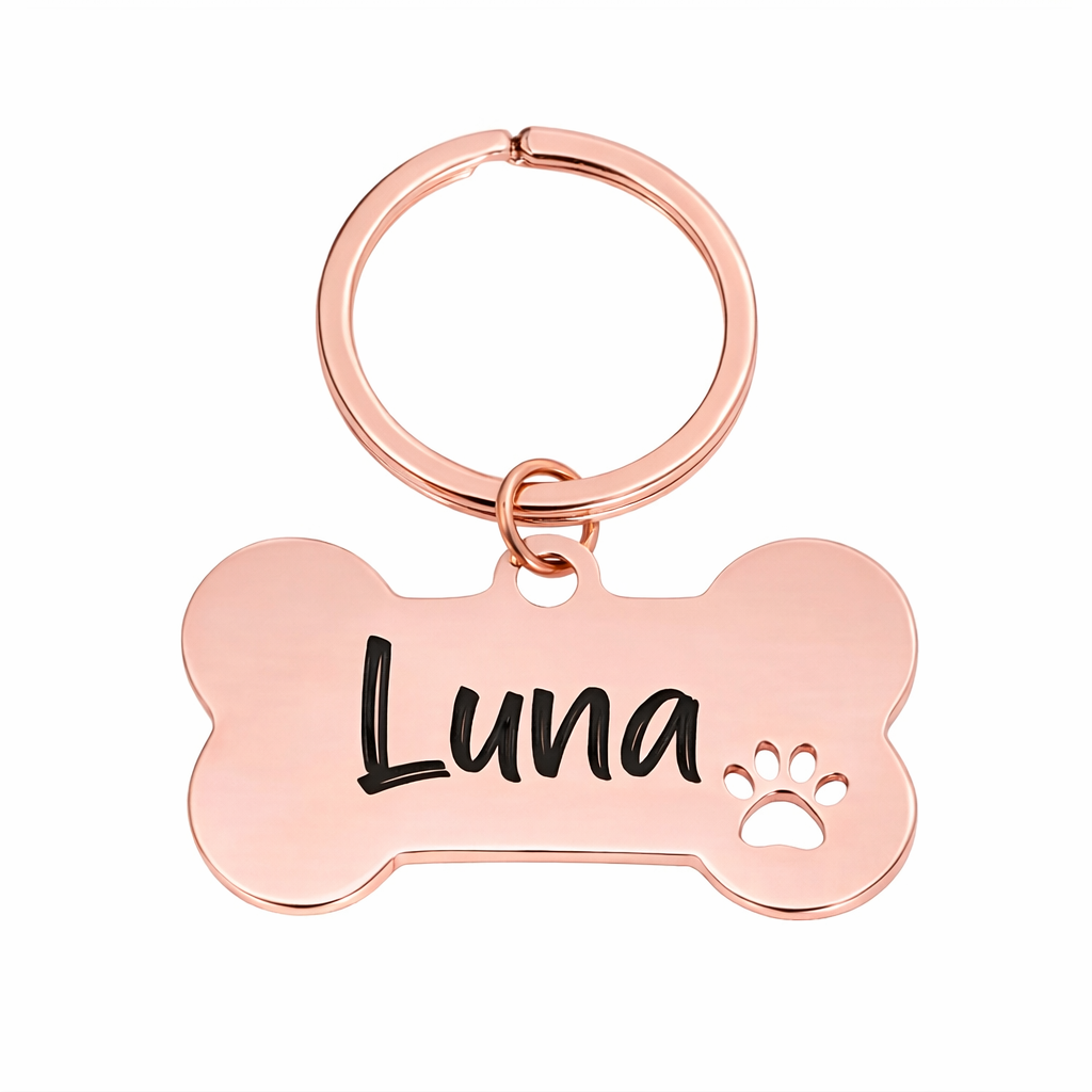 Personalised Bone Dog Tag Engraved Pet ID Steel 4 Fonts 4 Colours 50mm