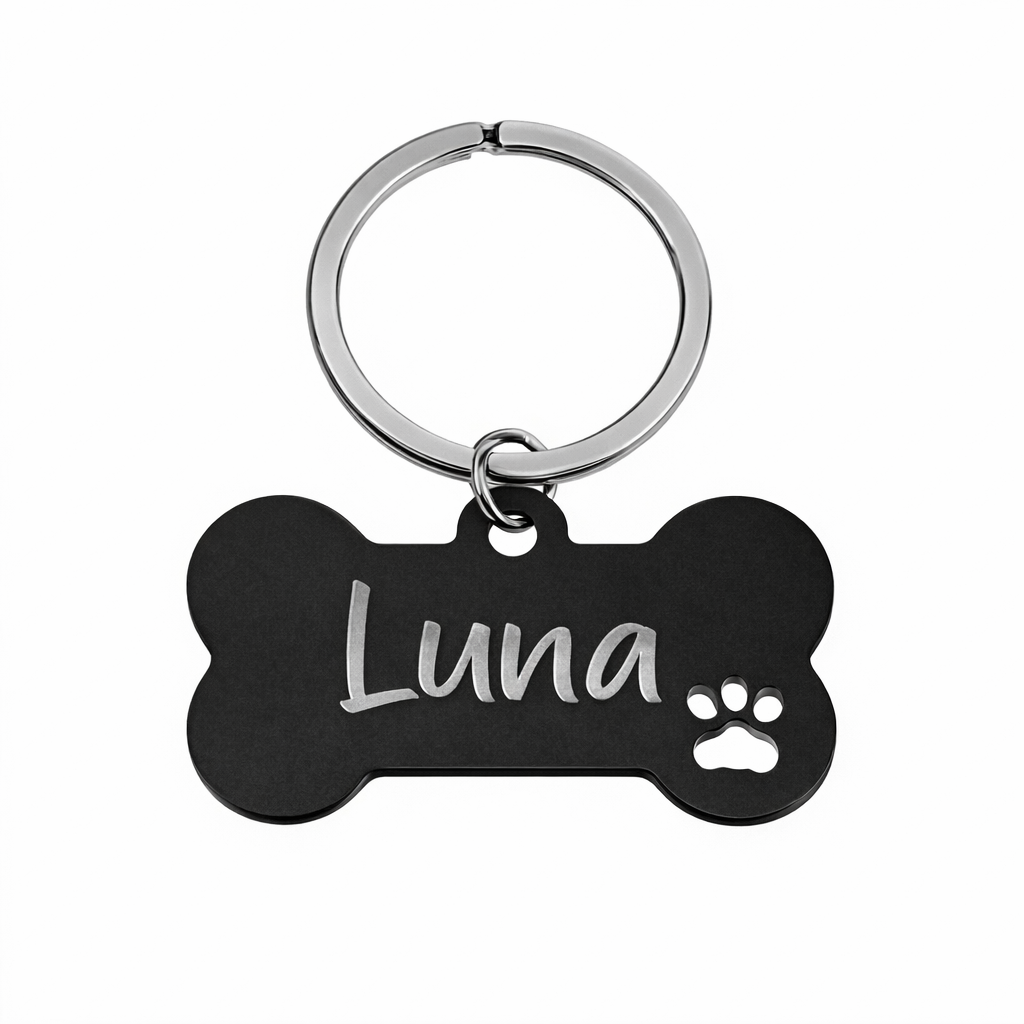 Personalised Bone Dog Tag Engraved Pet ID Steel 4 Fonts 4 Colours 50mm