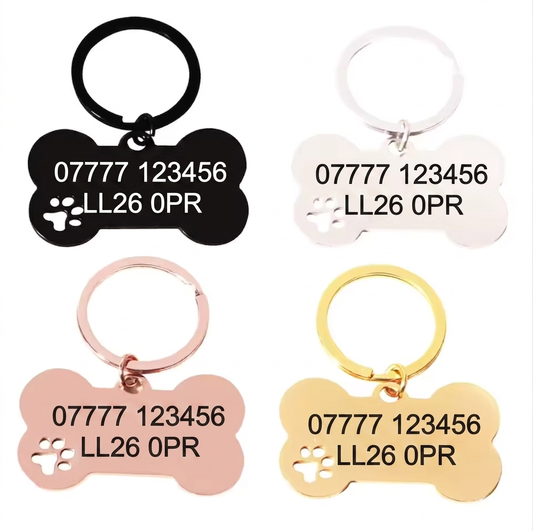 Personalised Bone Dog Tag Engraved Pet ID Stainless Steel 50mm 4 Colours