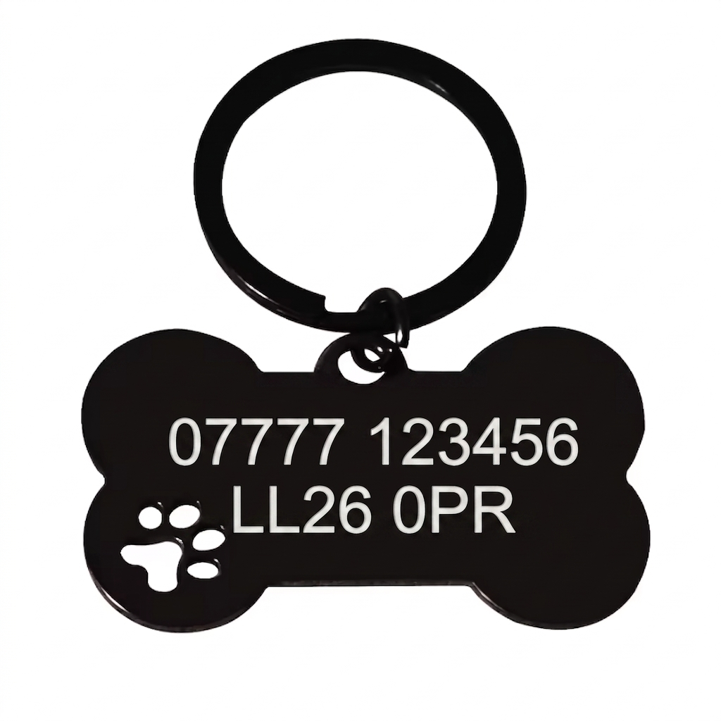 Personalised Bone Dog Tag Engraved Pet ID Stainless Steel 50mm 4 Colours