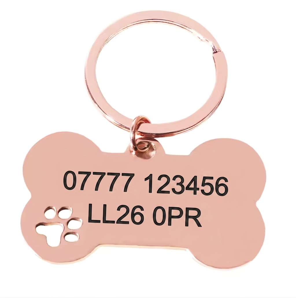 Personalised Bone Dog Tag Engraved Pet ID Stainless Steel 50mm 4 Colours
