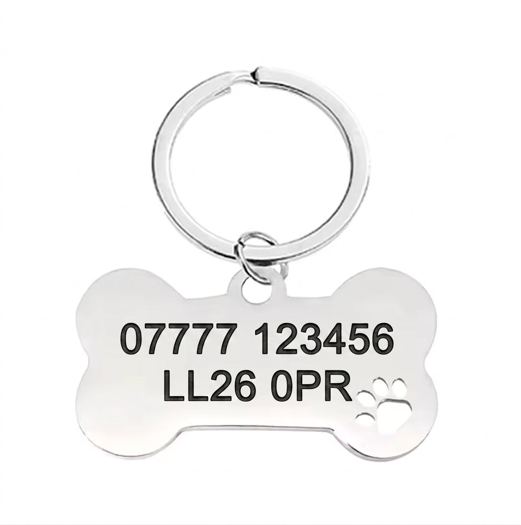Personalised Bone Dog Tag Engraved Pet ID Stainless Steel 50mm 4 Colours