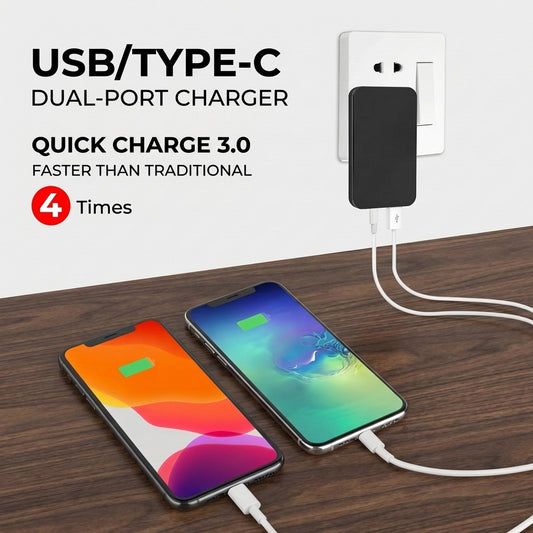 20W GaN Fast Charger USB-C PD & USB-A QC3.0 | Ultra Slim Folding UK Plug | Dual Port