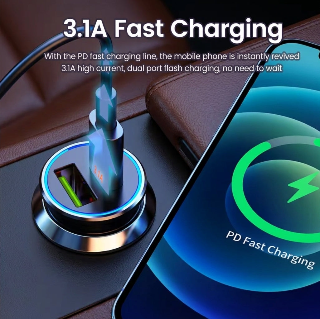 LED PD USB-C Car Charger 3.1A QC3.0 Fast Charge Type-C Dual Port 12V 24V UK