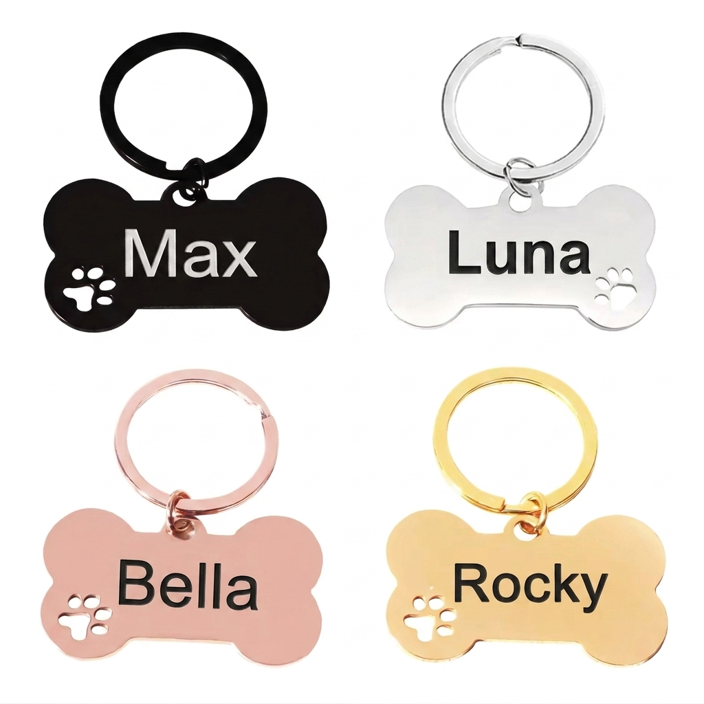 Personalised Bone Dog Tag Engraved Pet ID Stainless Steel 50mm 4 Colours