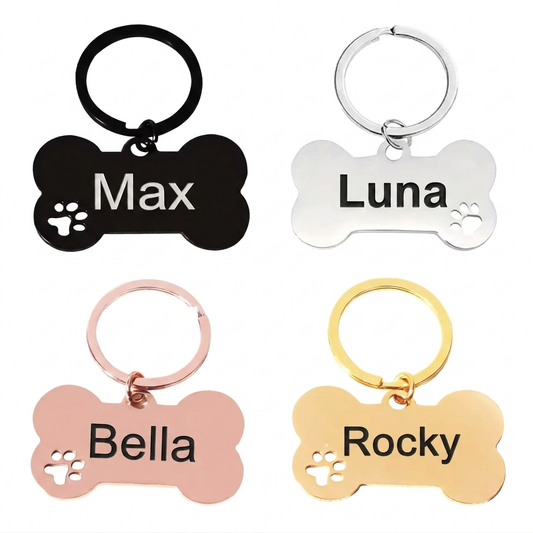 Personalised Bone Dog Tag Engraved Pet ID Stainless Steel 50mm 4 Colours