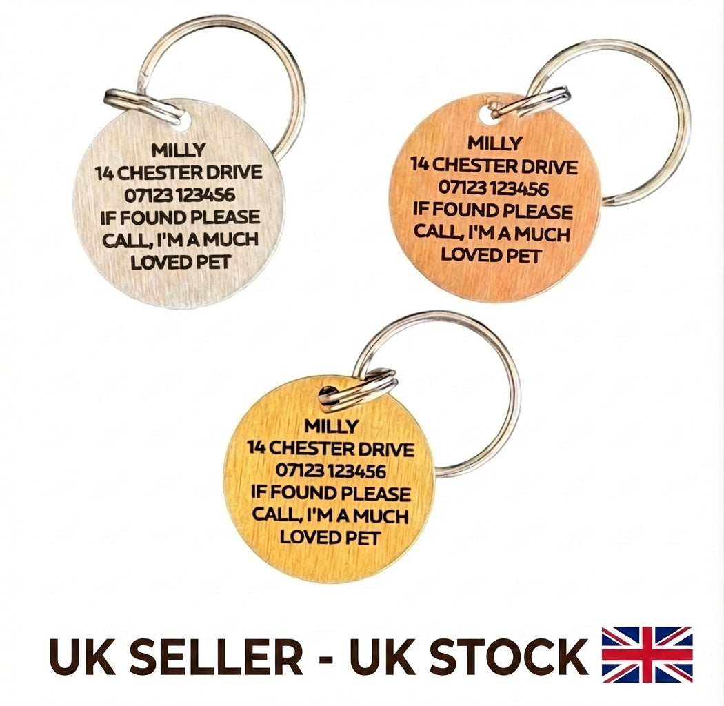 Personalised Dog Tag Engraved Pet ID Tags 25mm Stainless Steel Gold Silver Rose