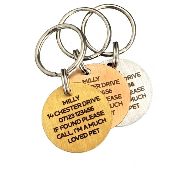 Personalised Dog Tag Engraved Pet ID Tags 25mm Stainless Steel Gold Silver Rose