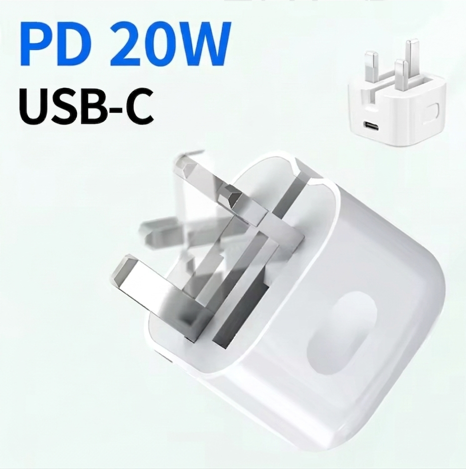 USB-C PD 20W Fast Wall Charger UK 3-Pin Foldable Plug iPhone iPad Samsung
